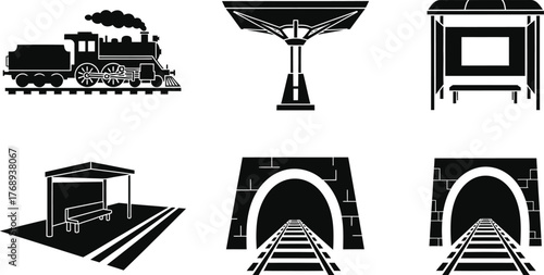 Collection of black and white vector icons representing transportation and infrastructure