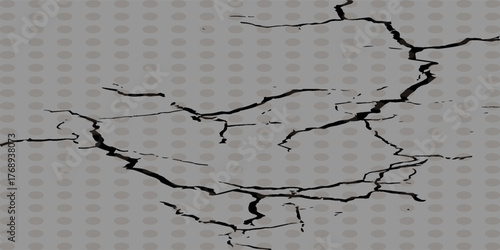 Realistic wall crack effect. Vector illustration of broken land erosion or cracked ground concrete texture on transparent background. Fissure split in distressed surface. Abstract destruction fracture