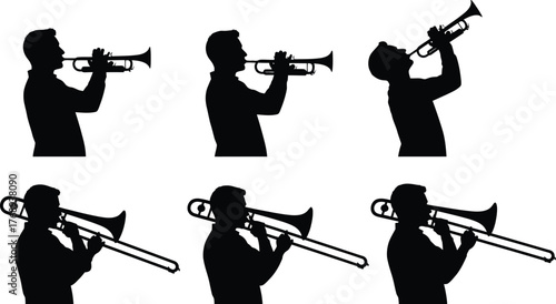 Musician silhouette playing trumpet and trombone in sequence