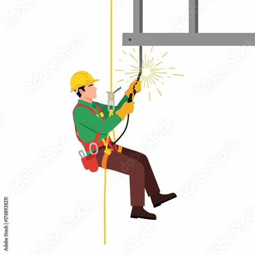 A skilled welder, suspended by a rope, performs welding work on a metal structure, showcasing industrial expertise and safety precautions.