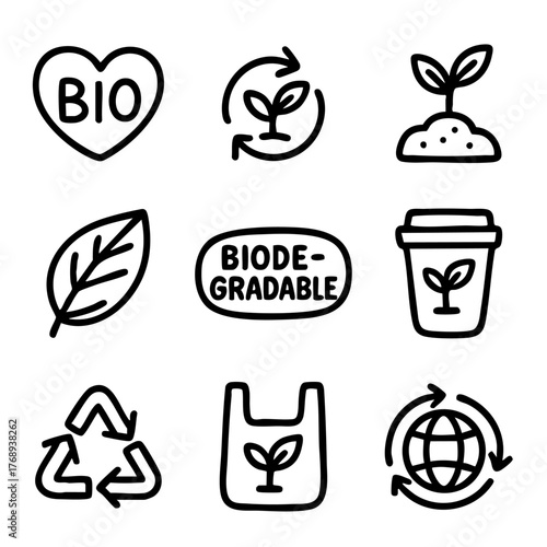 A set of doodle line icons representing biodegradable products, recycling, sustainability, eco-packaging, and environmentally friendly symbols