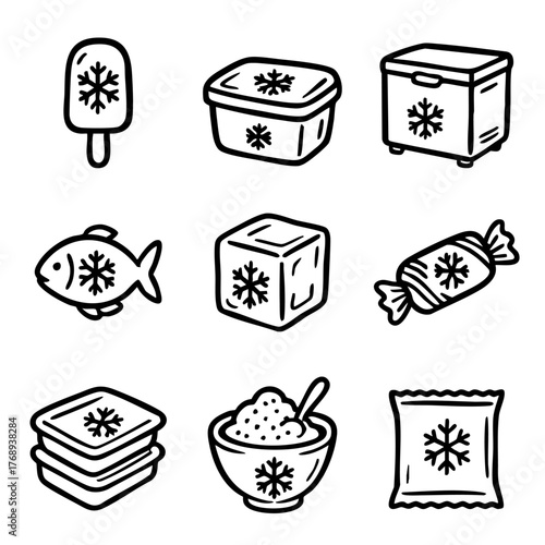 A set of doodle line icons depicting frozen food items, ice, packaging, and freezer storage for cold and preserved products