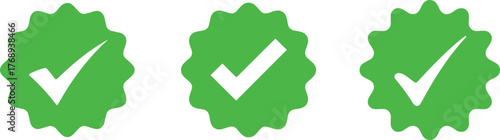 Three bright green checkmarks on decorative labels indicating approval or success