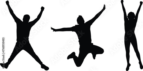 Three silhouettes of people jumping and celebrating with arms raised in joy