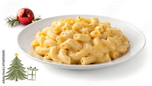 Creamy macaroni and cheese with festive christmas decorations