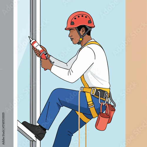 An illustration depicts a construction worker, secured by a harness, applying sealant to a building's window, showcasing safety and building maintenance.
