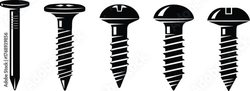 Collection of assorted fasteners: nails and screws on a white background