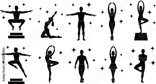 Diverse silhouettes of people performing graceful dance and athletic poses against a starry background.
