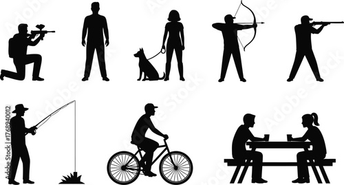 Diverse silhouette figures engaged in various outdoor activities and hobbies