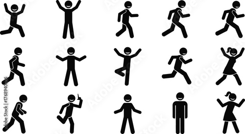Diverse stick figures in various dynamic poses and joyful expressions, representing activity and movement.