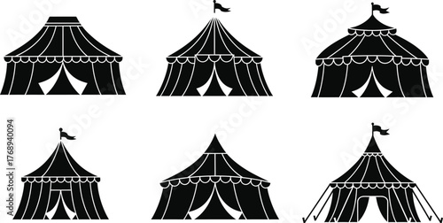 Collection of iconic vintage circus tents under a bright sky