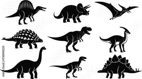 Dinosaur silhouettes, prehistoric animals, fossil creatures, Jurassic vector, ancient reptiles, wildlife sketch, educational icon, cad drawing flat vector illustration