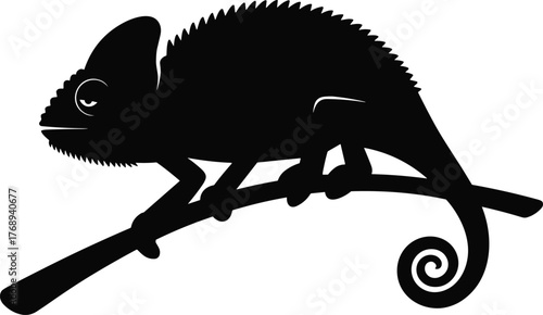 Black Silhouette of Chameleon Sitting on Tree Branch, Exotic Reptile Lizard Wildlife Vector, Nature Animal Art Illustration for Design