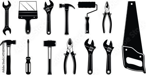 Hand tools silhouettes vector illustration, wrench hammer pliers saw screwdriver, construction repair equipment, DIY hardware design, cad drawing flat vector illustration