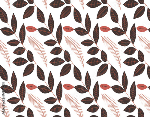Seamless pattern of dark brown and reddish-brown leaves on a white background, showcasing natural elegance and botanical beauty for decorative applications