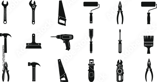 Hand tools silhouettes, construction icons, carpentry equipment, DIY repair, workshop vector, hardware illustration, maintenance design, cad drawing flat vector illustration