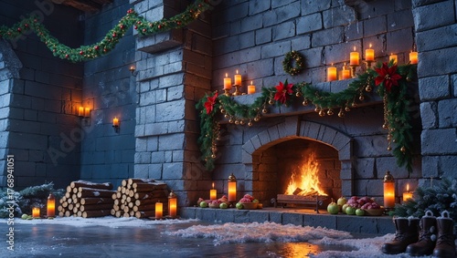 Christmas-Decorated Fireplace in a Stone Hall