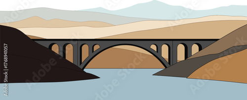 Arched bridge spans calm water between rolling hills under a muted sky.