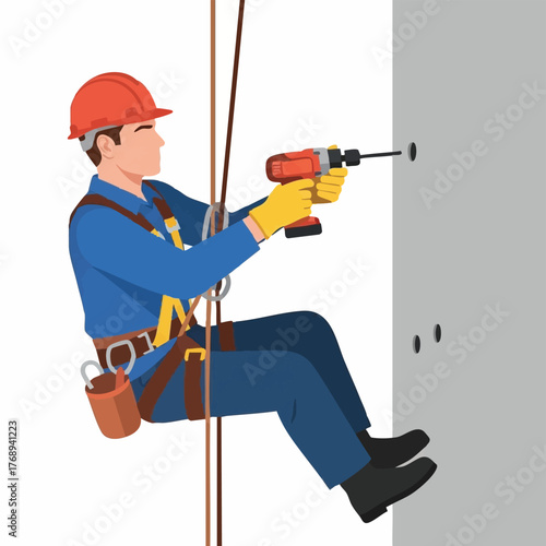 A construction worker in a safety harness drills into a wall, illustrating building maintenance and industrial labor practices with a focus on safety.