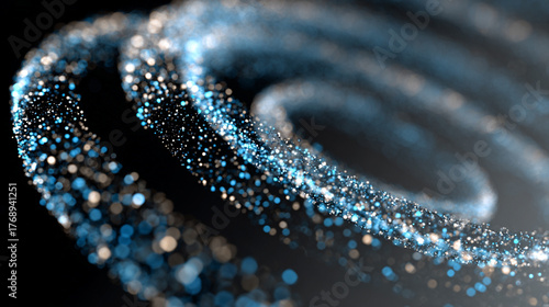 A holographic spiral of floating data glows with shifting light, forming a futuristic abstract scene. The image symbolizes information flow, digital innovation, and the dynamic energy of modern techno