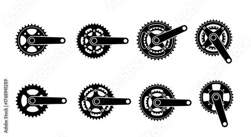 Black and white illustration of bicycle chainrings and cranksets displayed in rows