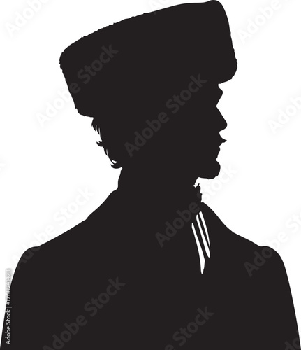 A silhouette of a man in 1800s Russian fashion, featuring a traditional hat and clothing, indicative of the period and style of Russia.