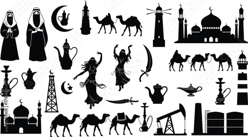 Middle Eastern culture silhouette vector, mosque dome minaret, camel caravan, oil rig, traditional attire, sword dagger, genie lamp, hookah illustration