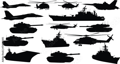 Military vehicles silhouettes vector illustration, fighter jets, helicopters, tanks, naval warships, defense equipment, army transport icons, cad drawing flat vector illustration