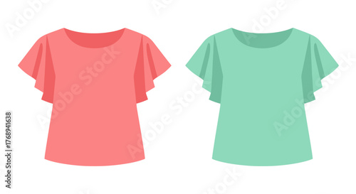 Two colorful women s flutter sleeve tops displayed on a white background