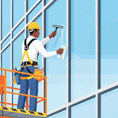 A window cleaner, wearing a safety harness and hard hat, washes a large glass window on a high-rise building, ensuring cleanliness.