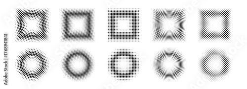 Halftone pixel frames set. Dotted textured round and square borders. Cartoon faded boarders collection. Vector comic bundle gradient shapes. Raster bitmap element pack for poster, collage, banner. 
