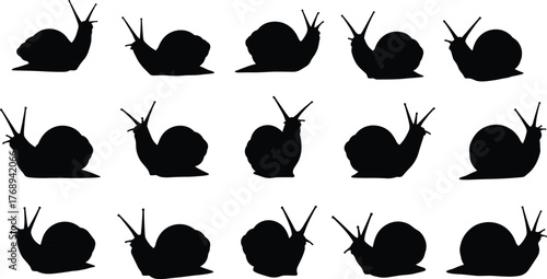 Snail silhouette collection, black snail icons, crawling snail vector, animal posture set, minimal snail shapes, cad drawing flat vector illustration