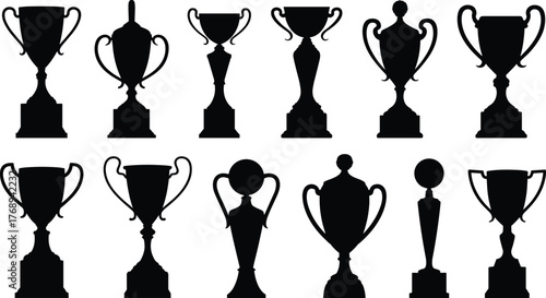 Trophy silhouette collection, black vector illustration, award cup icons, achievement symbol set, competition prize design element, success recognition, cad drawing flat vector illustration
