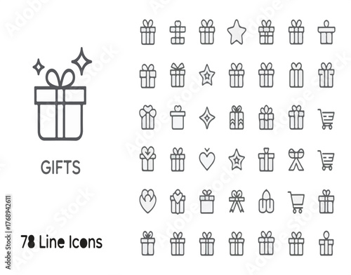 Collection of 78 minimalist line icons representing gifts and celebrations, perfect for festive designs and e-commerce