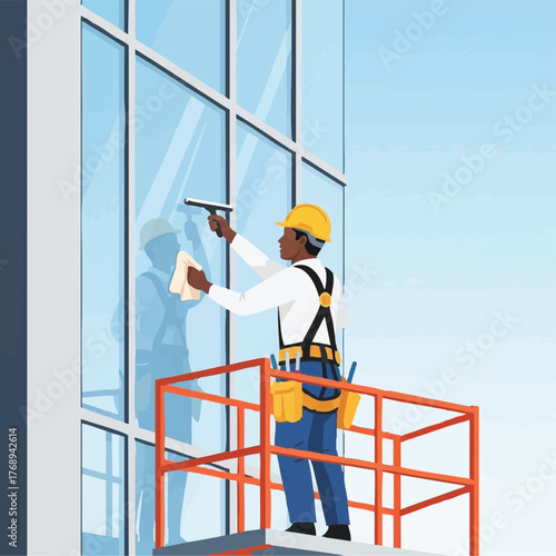 A window cleaner, wearing safety equipment, cleans a large glass window on a high-rise building, ensuring a clear and unobstructed view.