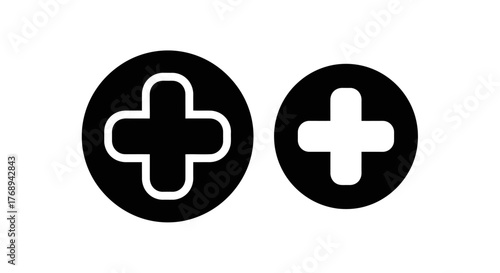 Two black circles with white plus signs inside them side by side