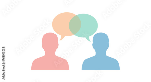 Two figures facing each other with overlapping speech bubbles above