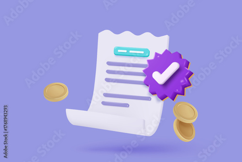 3D bill icon for payment transaction with notice. paper receipt for shopping offer in store. Business invoice bill expenses idea concept. 3d invoice list icon vector render illustration