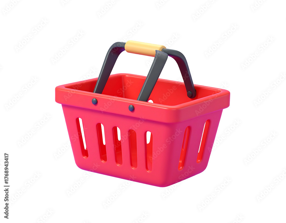 Fototapeta premium Red shopping basket. 3D rendered, semi-transparent. Gray handle with a beige grip. Isolated on a black background