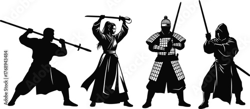 Martial warriors with swords and polearm in combat stance silhouette, cad drawing flat vector illustration
