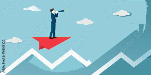 Businessman on a red paper airplane looking through a telescope on a rising graph symbolizing success and future vision