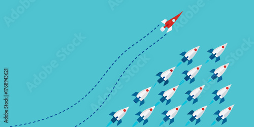 One red rocket ship breaks away from the group flying upwards on a blue background