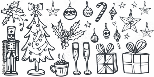 Hand drawn christmas elements collection featuring a nutcracker tree ornaments gifts and holly