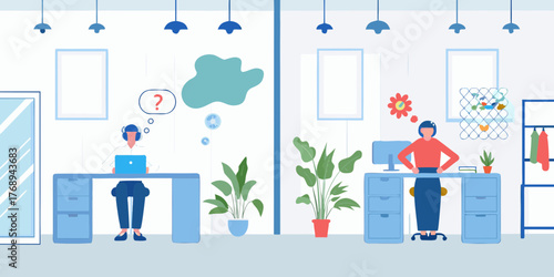 Two office workers with different moods and thoughts at their desks in a modern office setting