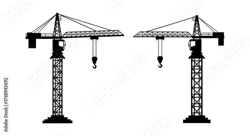 Two black and white illustrations of tower cranes in a simple style
