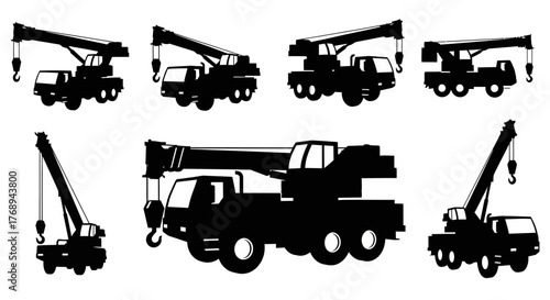 Various silhouettes of mobile construction cranes in different perspectives