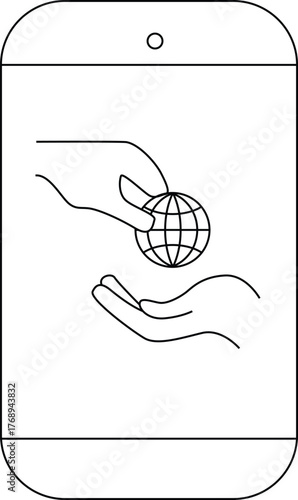 A smartphone shows a hand passing a globe to another hand in a white background