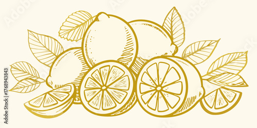 Golden line art illustration of lemons and leaves on a cream background