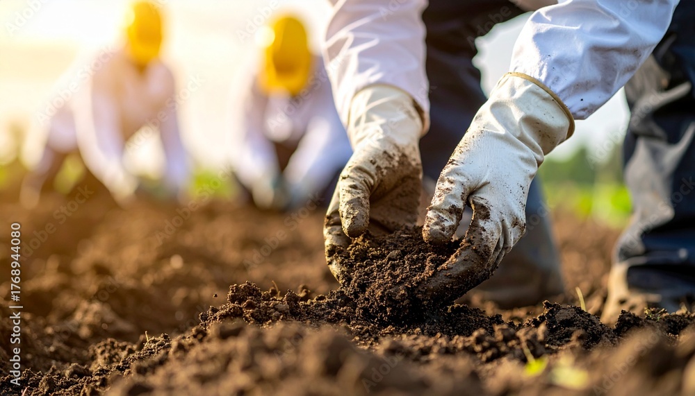 Fototapeta premium Hands of Scientists Examining Soil Texture in Outdoor Research for Environmental Conservation and Agricultural Development