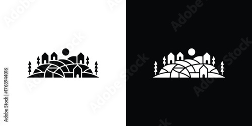 Black & White Rural Farm Scenery Silhouette with Houses, Trees and Agriculture